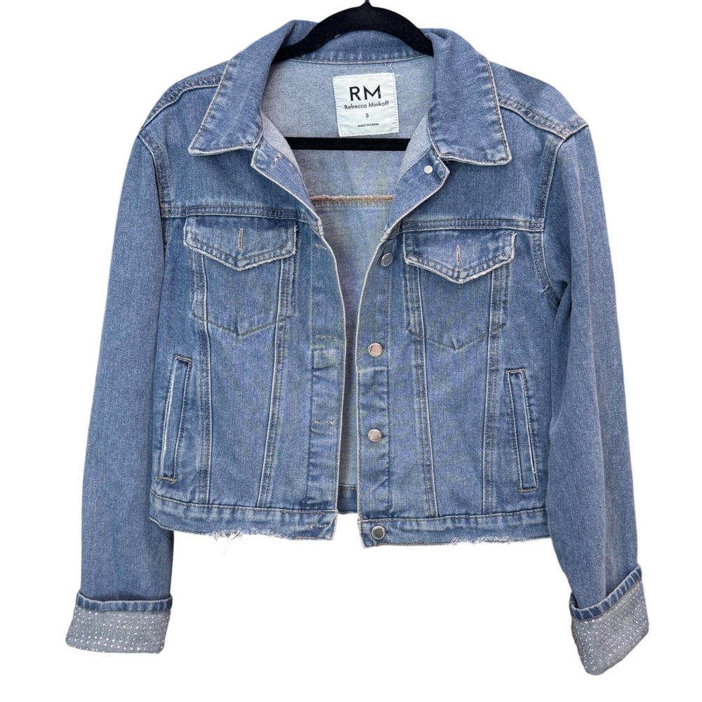 Rebecca Minkoff Denim Jacket Embellished Cuffs Light Wash Distressed Size S